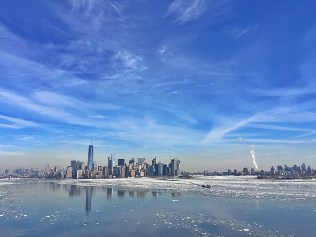 Manhattan skyline. Winter freeze in New York