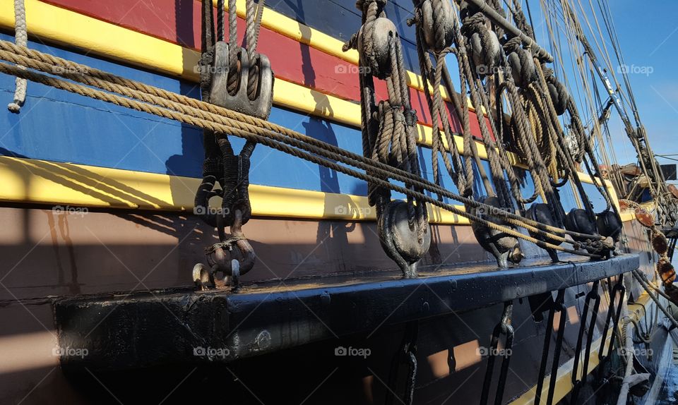 the main chains and rigging of a tall mast sailing vessel in Monterey Bay.