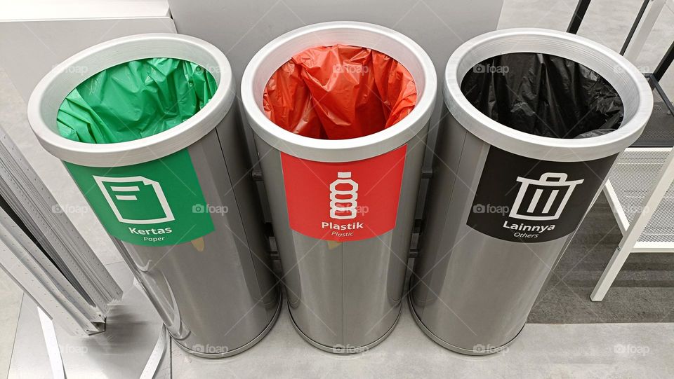 Three types of trash cans are paper, plastic, and others.