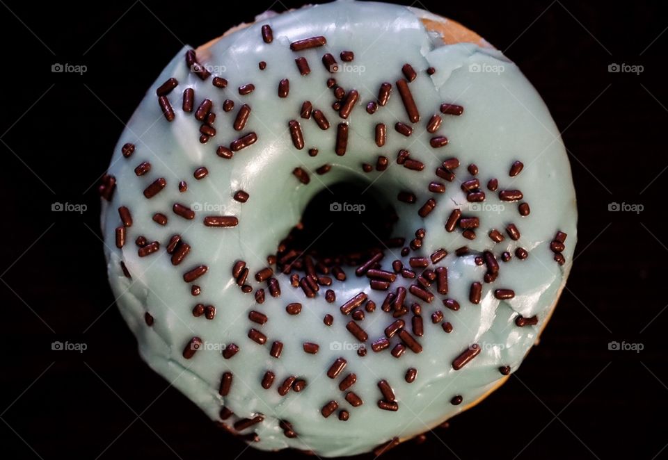 Donut With Sprinkles On A Dark Wooden Table, Food Photography, Doughnut Photo