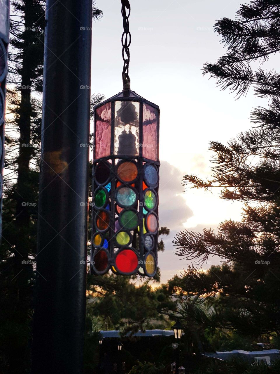 Colorful lantern hanging outside with leaves and branches of trees as background.