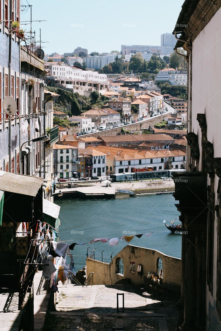 City of Porto. Aerial view of the Porto town in summer sunny day, Portugal.