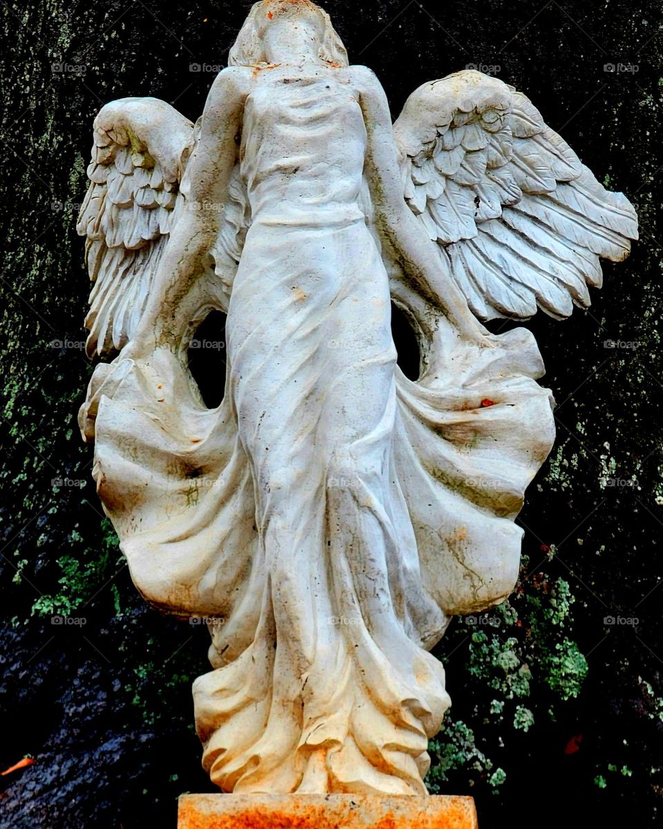 stone statue of an angel leaning against a tree