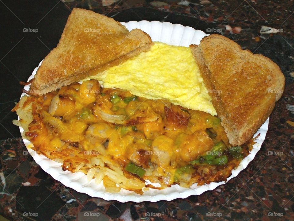 Loaded hash browns, scrambled eggs & toast - American meals