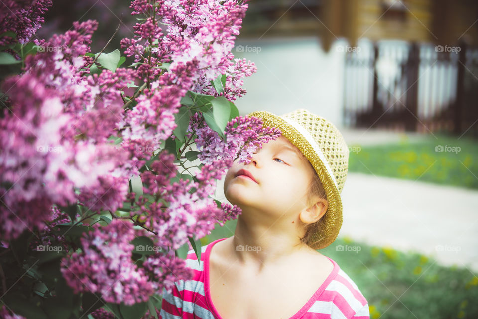 Beautiful little girl with lilac in bloom
