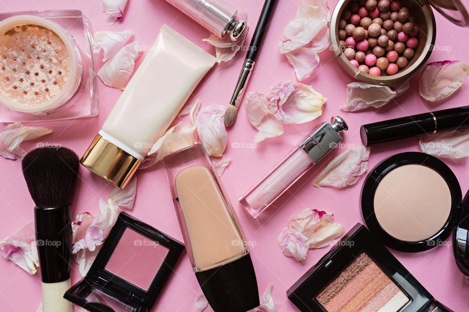 Makeup products flat lay 