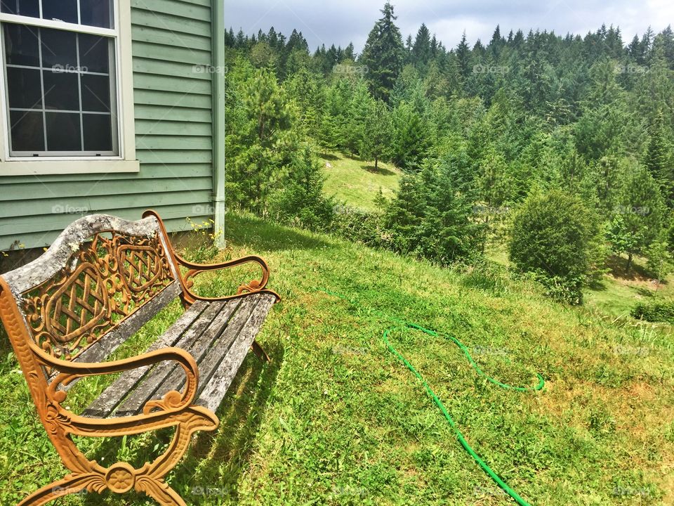A rustic bench overlooking beautiful Oregon scenery.