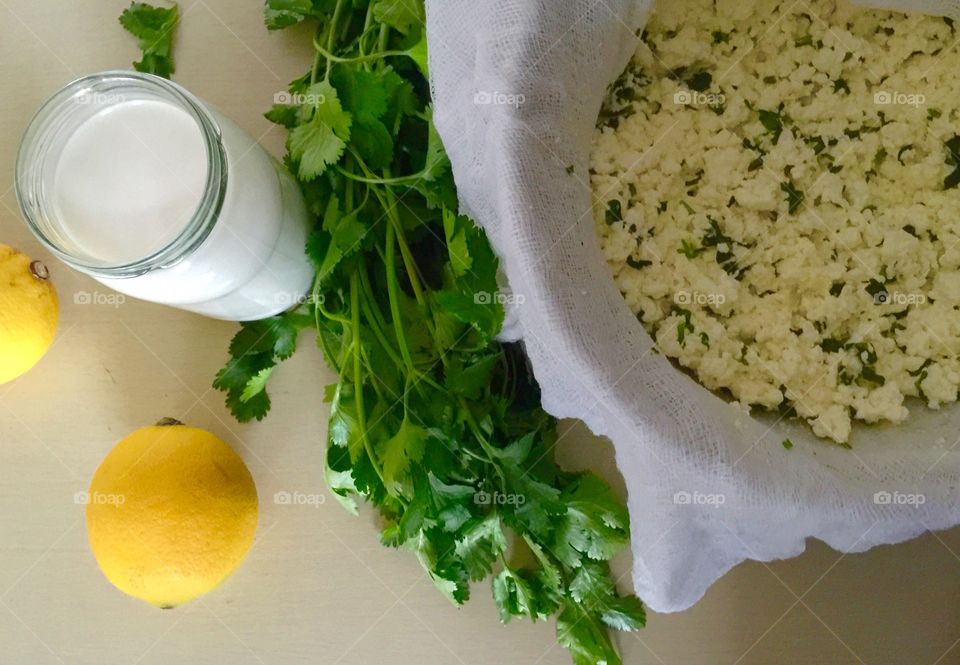 Homemade cottage cheese with herbs