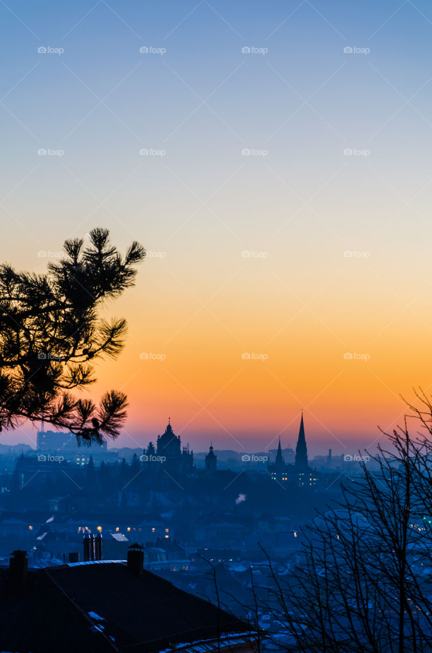 Lviv cityscape during the sunset