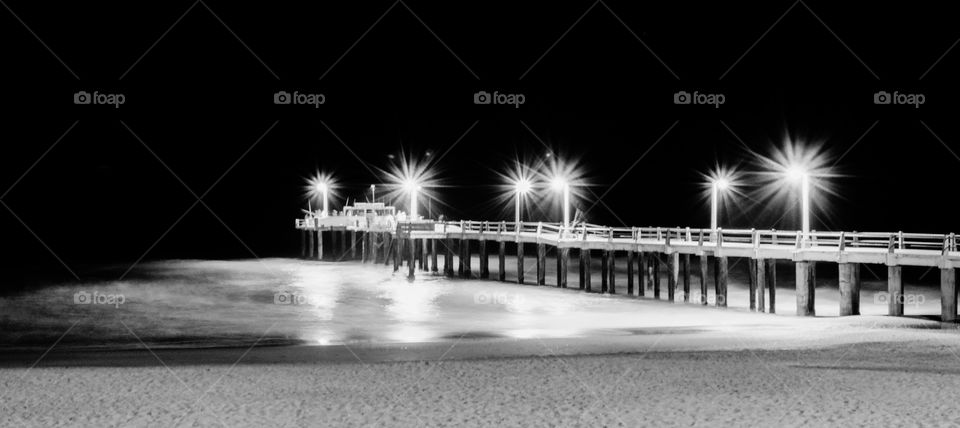 black and white Seascape pier lighting night sea and sand outdoors landscape  nature