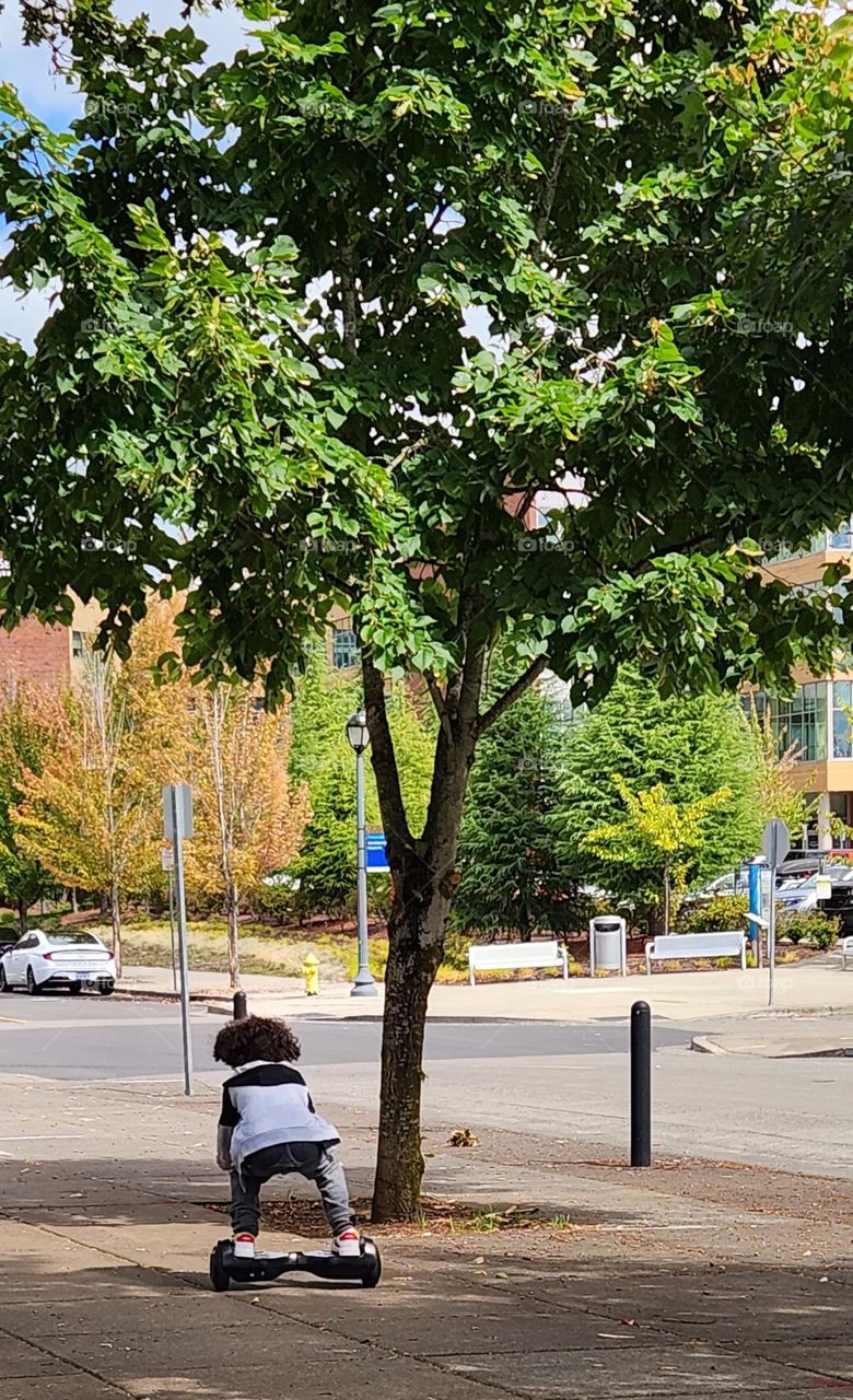 young boy riding a self-balancing scooter or hoverboard down the sidewalk on an Oregon afternoon