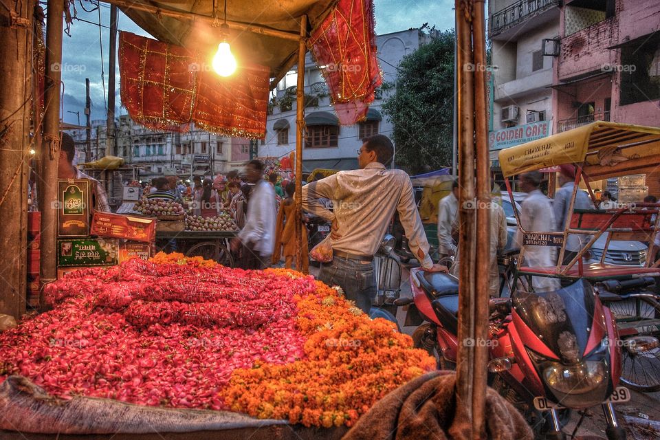 Flower Garland Stall, Varanasi, India . Flower Garland Stall, Varanasi, India 