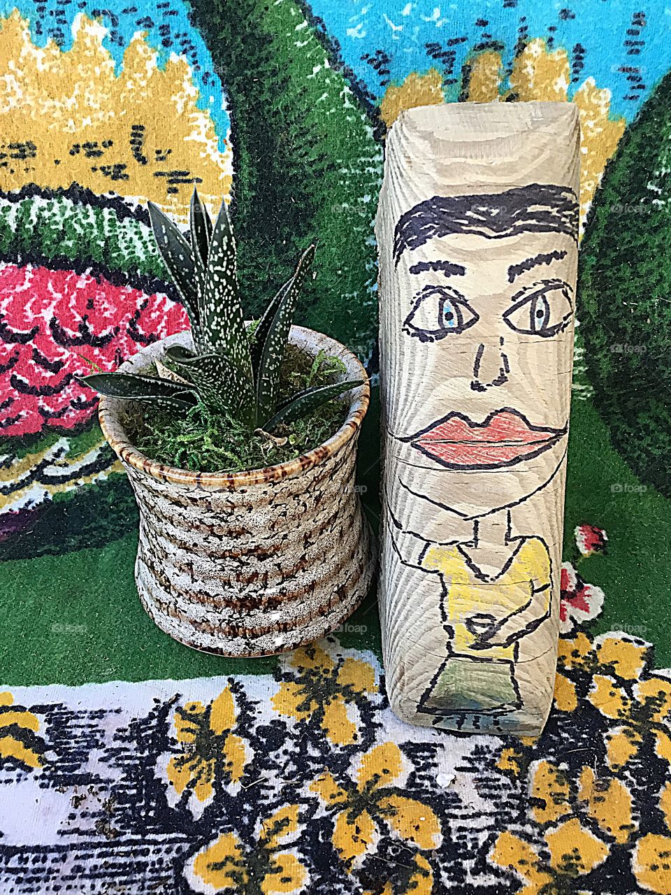 Crazy plant people with wooden face