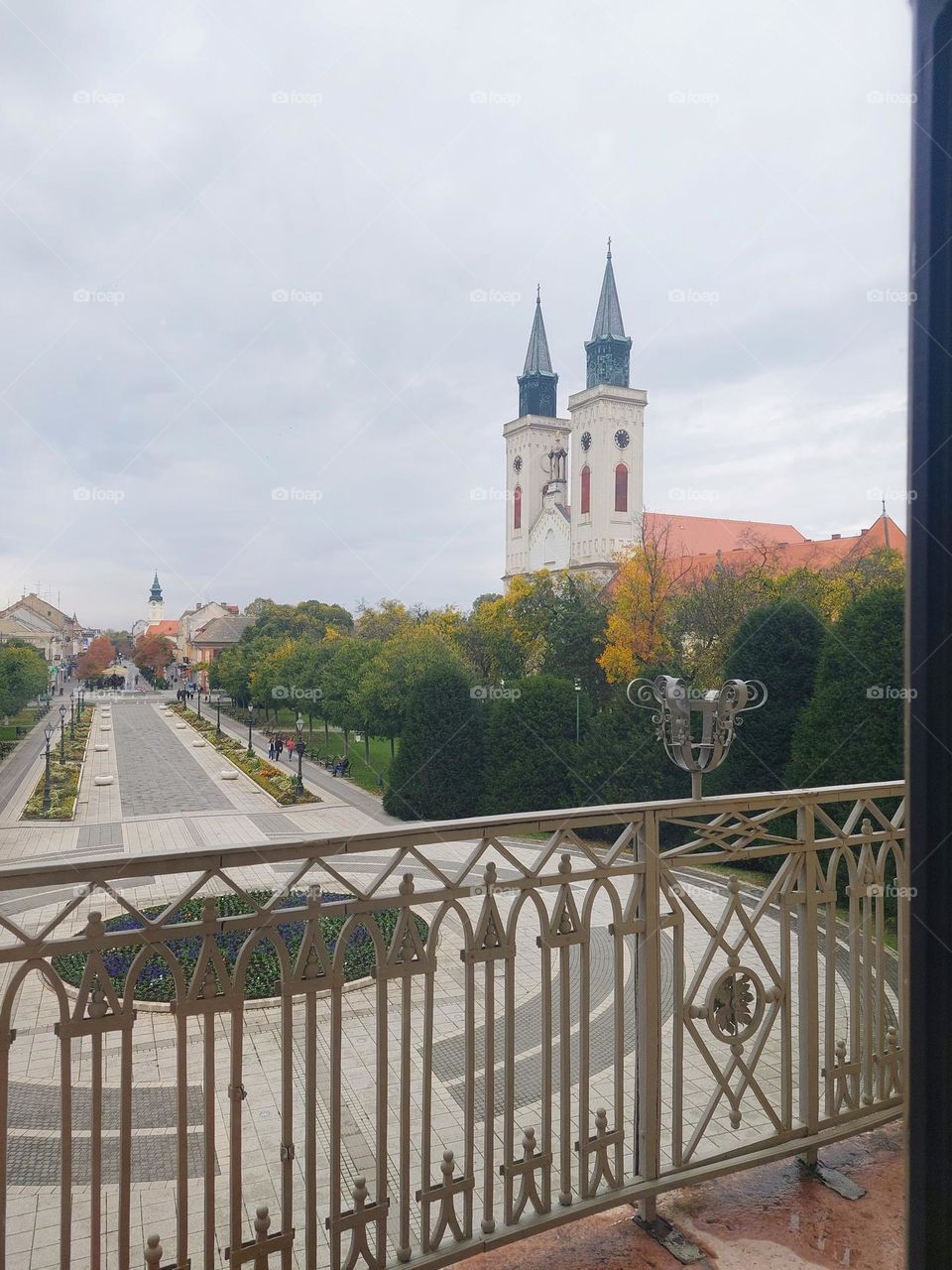 View from the terrace on the town square.  Dominance geometric shapes: rectangle, triangle, and circles