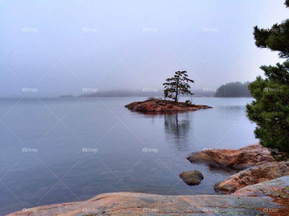 View of calm lake in mist
