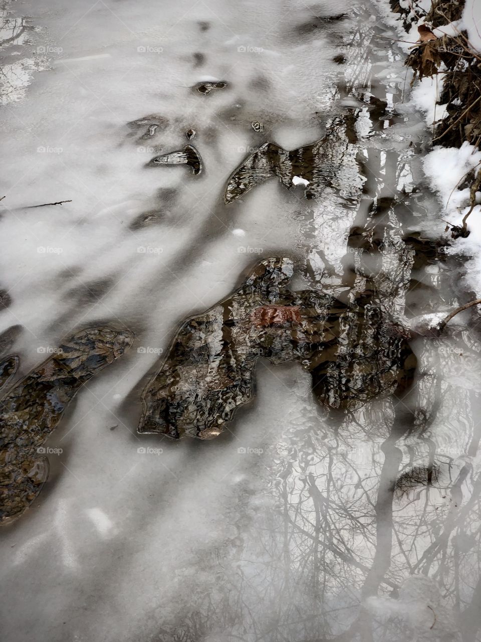 Flowing water melting ice and snow.