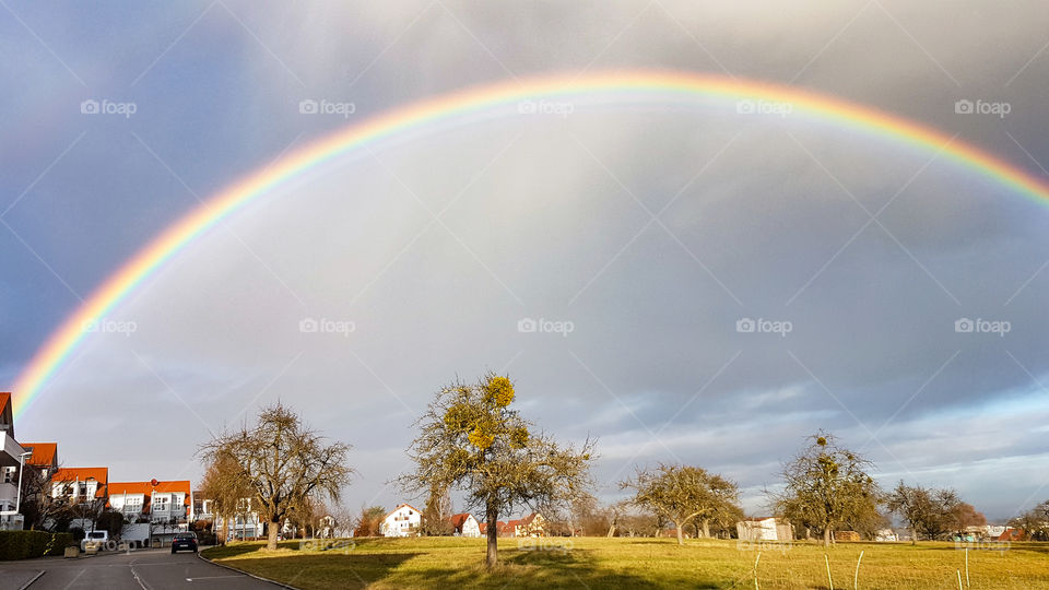 beautiful rainbow over trees and houses