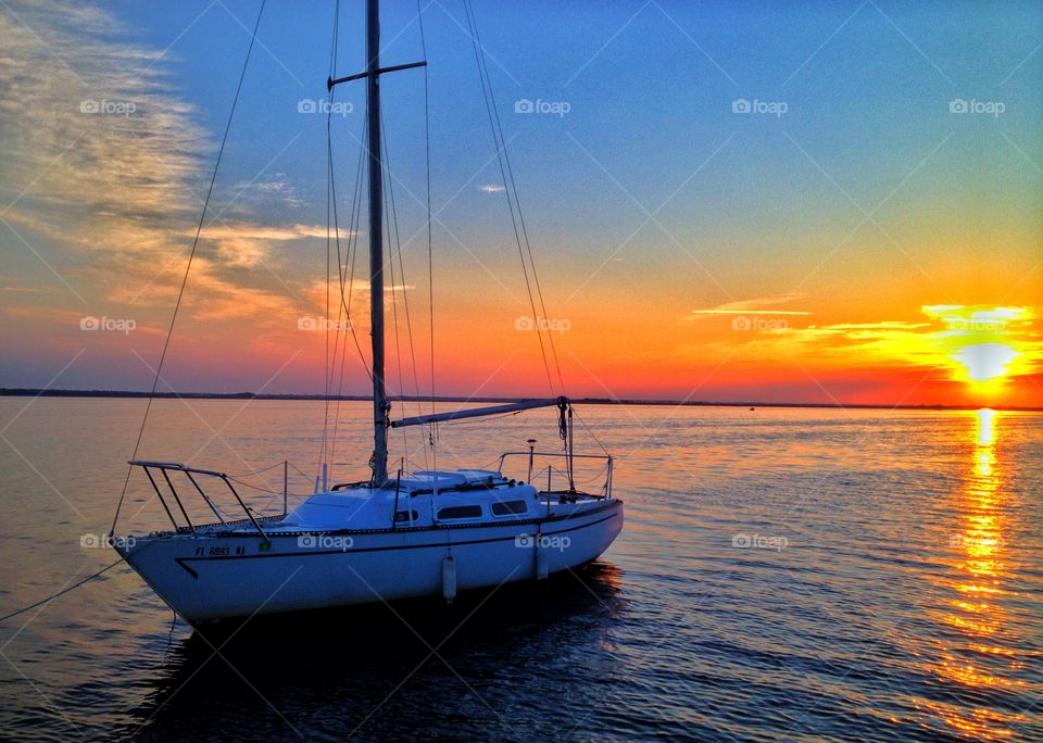 Water, Sailboat, Sunset, Ocean, Sea