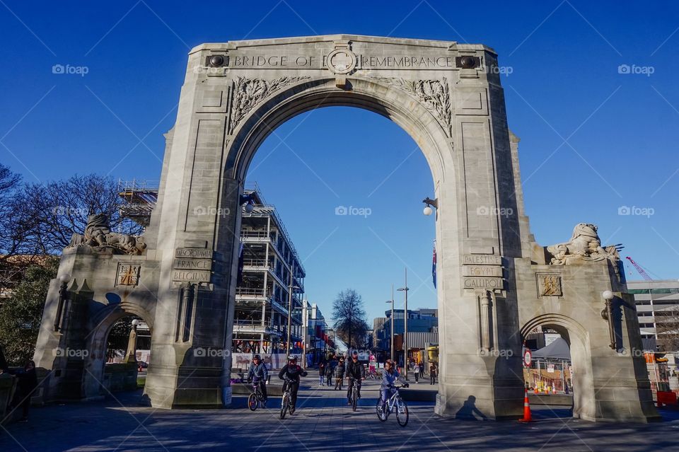 Bikes and the Bridge of Remembrance monument in Christchurch, New Zealand 