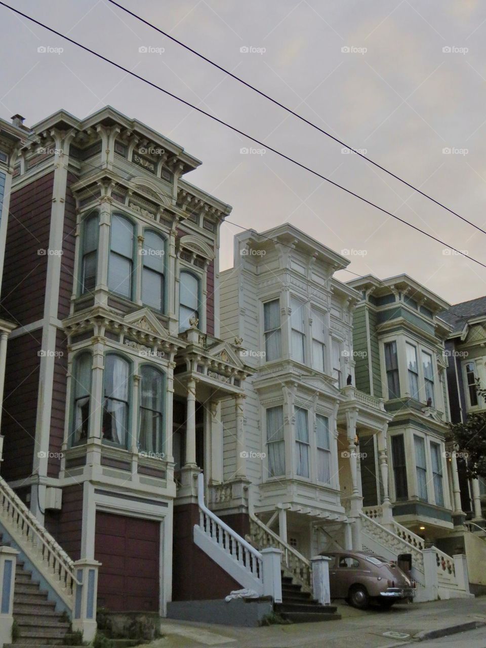 Vintage Homes on the Hills of San Francisco with a Parked Vintage Car