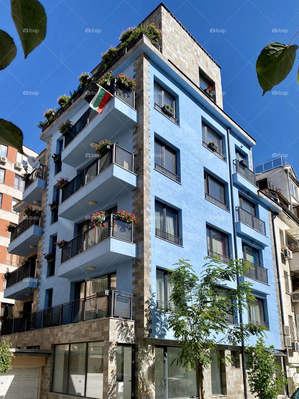 Beautiful blue building in Sofia, Bulgaria 