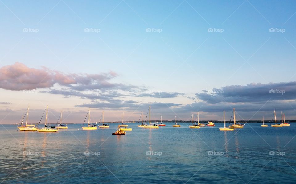 A fleet of sail boats sit in the Raritan bay in Perth Amboy, Nj.