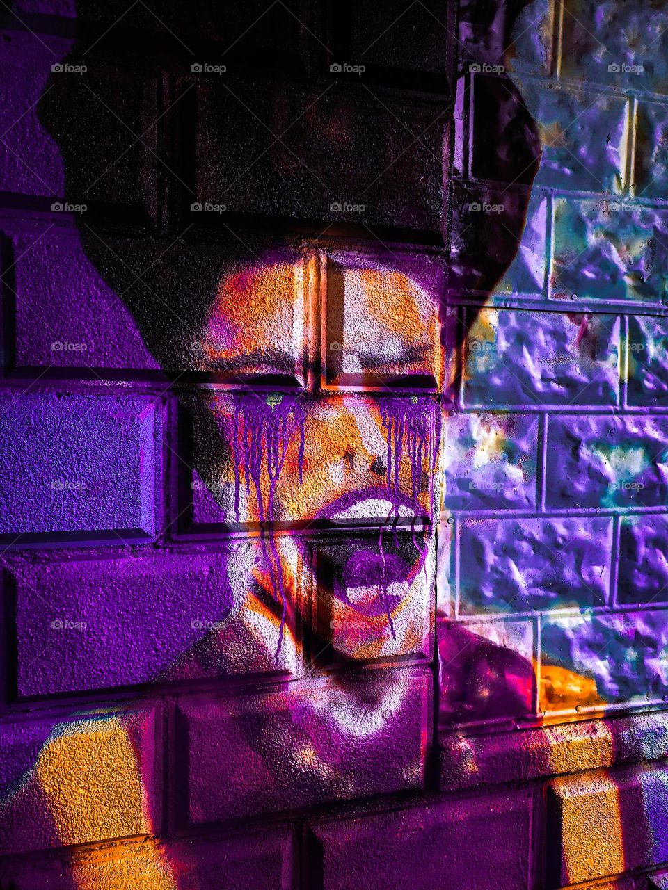 Graffiti wall mural dark abstract portrait creepy street artist art artwork purple dripping spray paint Color colorful contrast amateur photography vibrant phone photo no people creativity creative different