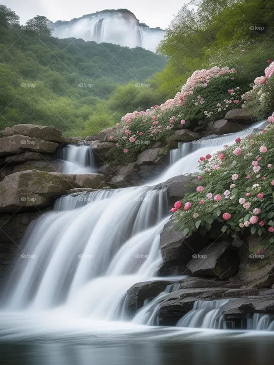 Beautiful landscape of roses next to the waterfall