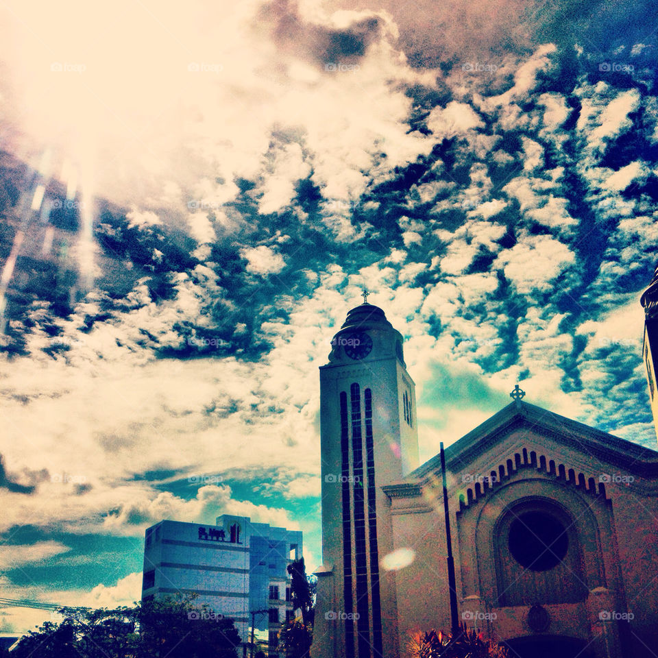 sky clouds sun church by piggychoow