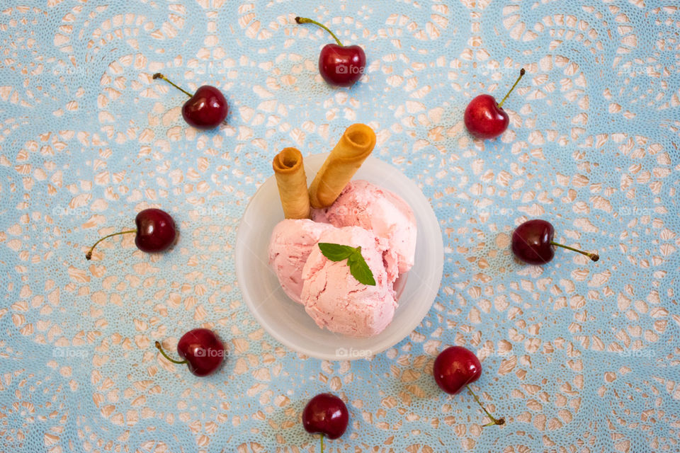 Bowl of ice cream with cherries