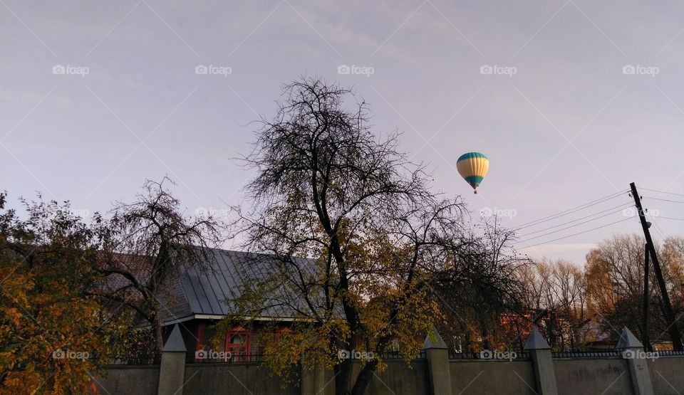 autumn street view and balloon flying landscape