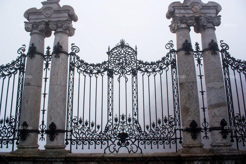 Entrance gate in fog