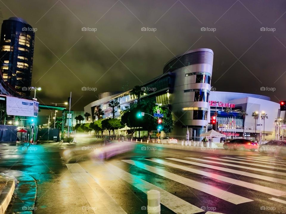 Staples Center on a rainy day in downtown Los Angeles