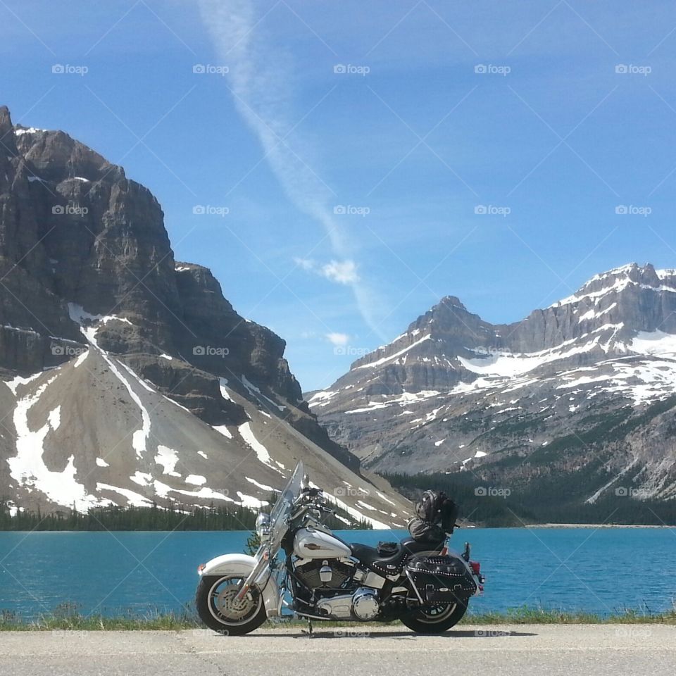 Heading along the Icefields Parkway through the Canadian Rockies on a Harley Davidson Heritage Softail on my way to British Columbia.