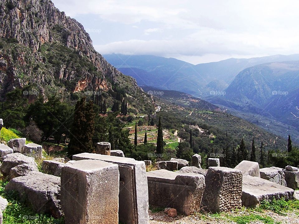 Ruins at Delphi, Greece, on the Sacred Way, near the Temple of Apollo