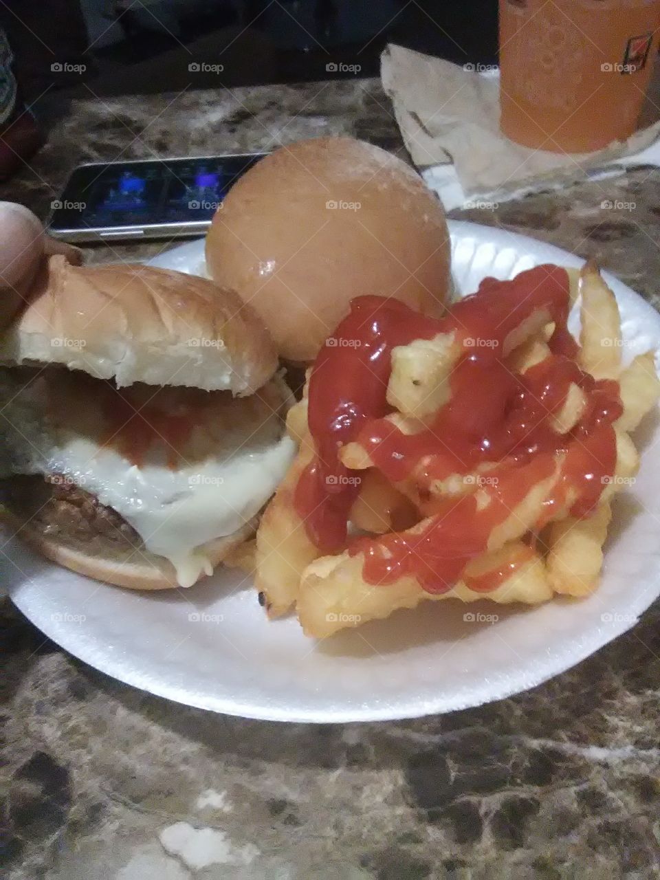 More scumptious turkey burgers with french fries with provolone cheese sooo gooood