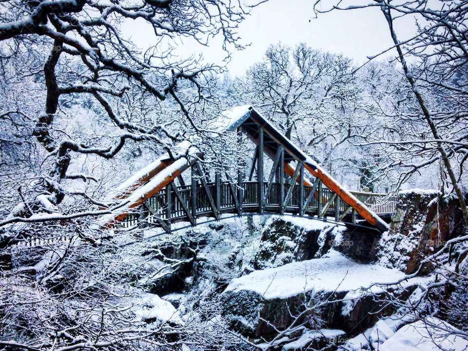 Snow-covered bridge over the Bracklinn Falls in Callander, Scotland. A beautiful winter day hiking in the snowy forest.