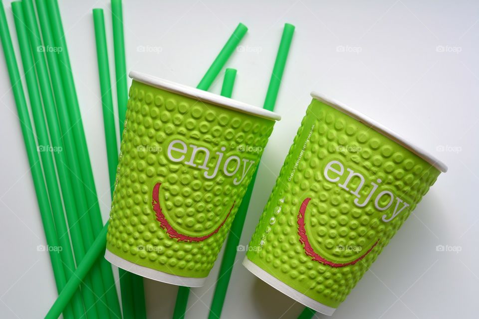 Green straw and disposable cup