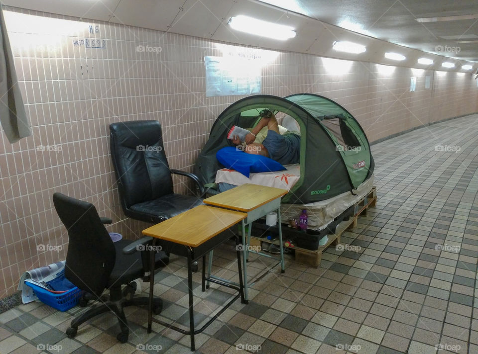 Homeless dwelling in the Hong Kong subway near Happy Valley Racecourse