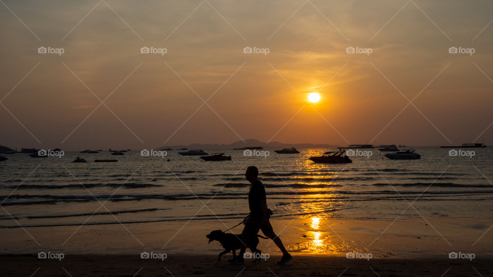 Walking with a dog by the beach during sunset