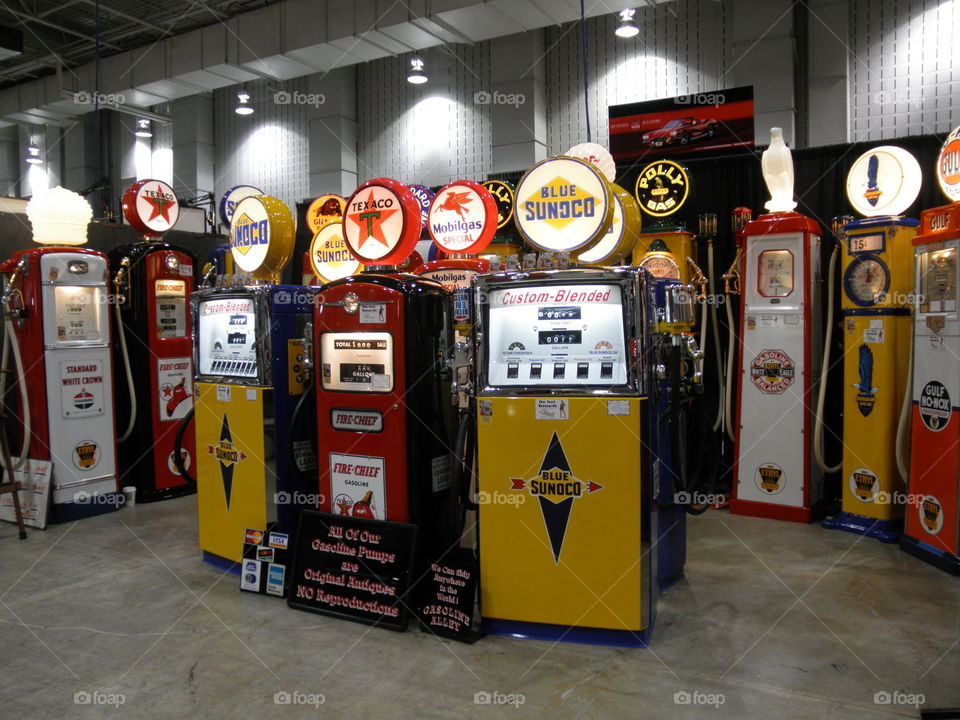 Vintage gas pumps from Sunoco, Texaco, Standard, Mobilgas and others. 