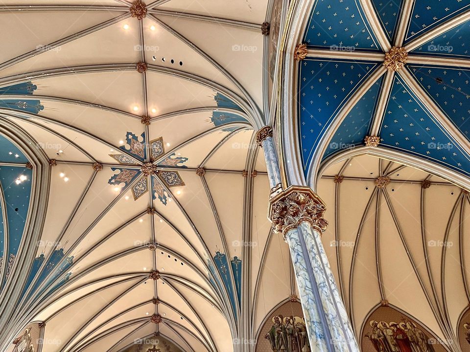 The pristine, ornate ceiling of a large chapel in the heart of Savannah, Georgia 