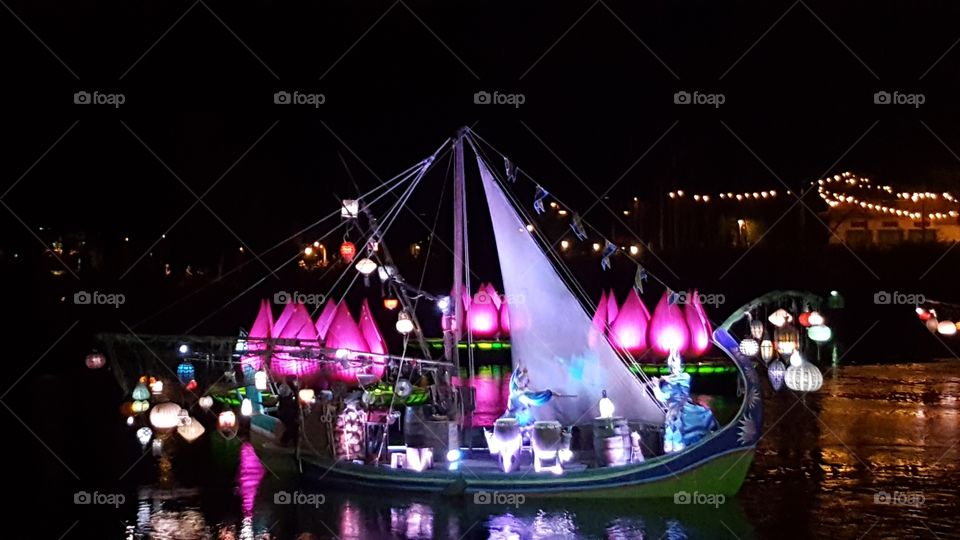 Am illuminated ship makes its way into the waters of Discovery River during Rivers of Light at Animal Kingdom at the Walt Disney World Resort in Orlando, Florida.