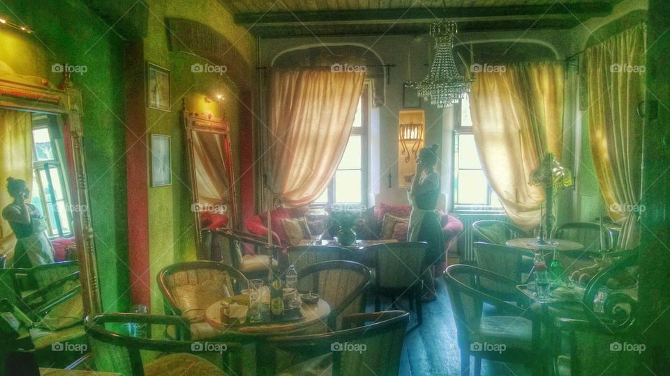 woman, reflected, reflection, mirror, Sighisoara, Transylvania, Romania, home, Cositorarului,