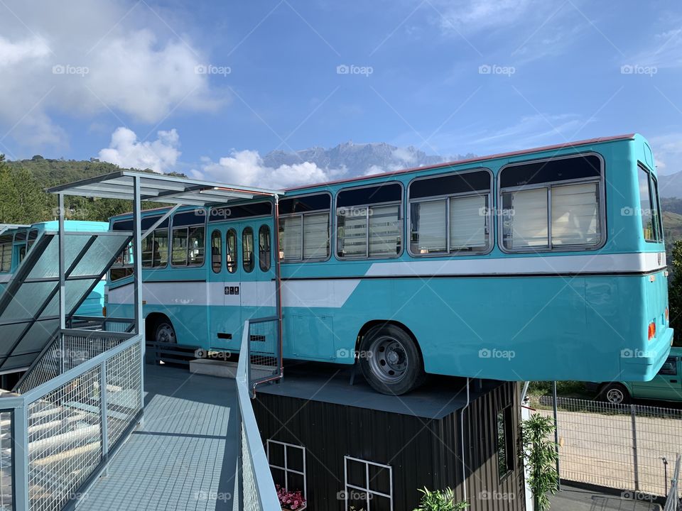 Ranau,Sabah,Malaysia-March 29,2019: used buses that have been transformed into a restaurant that serves a variety of local dishes. The bus restaurant is located close to the Kundasang district.