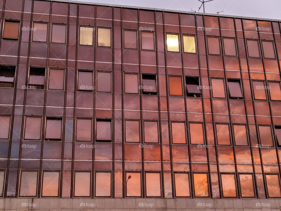 Sunset reflected in a building windows.