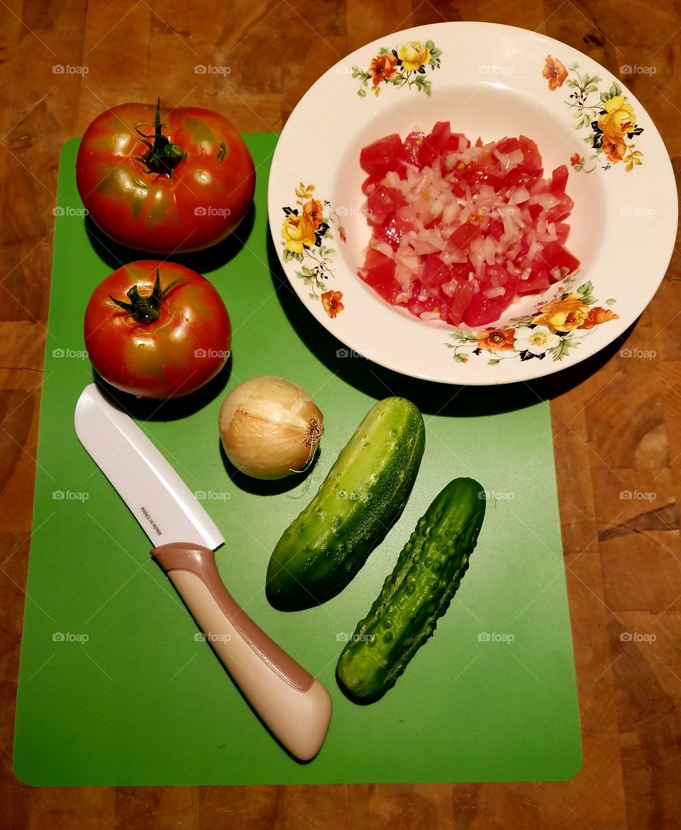 Home Grown Salad, tomatoes & cukes.