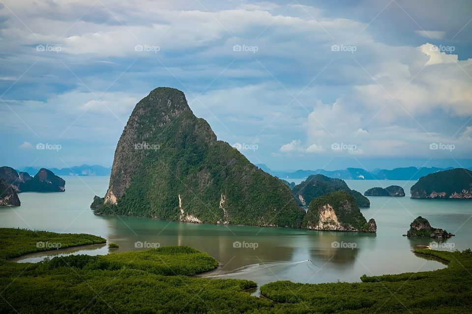 The view from high above the island, sea and mountains is very beautiful.