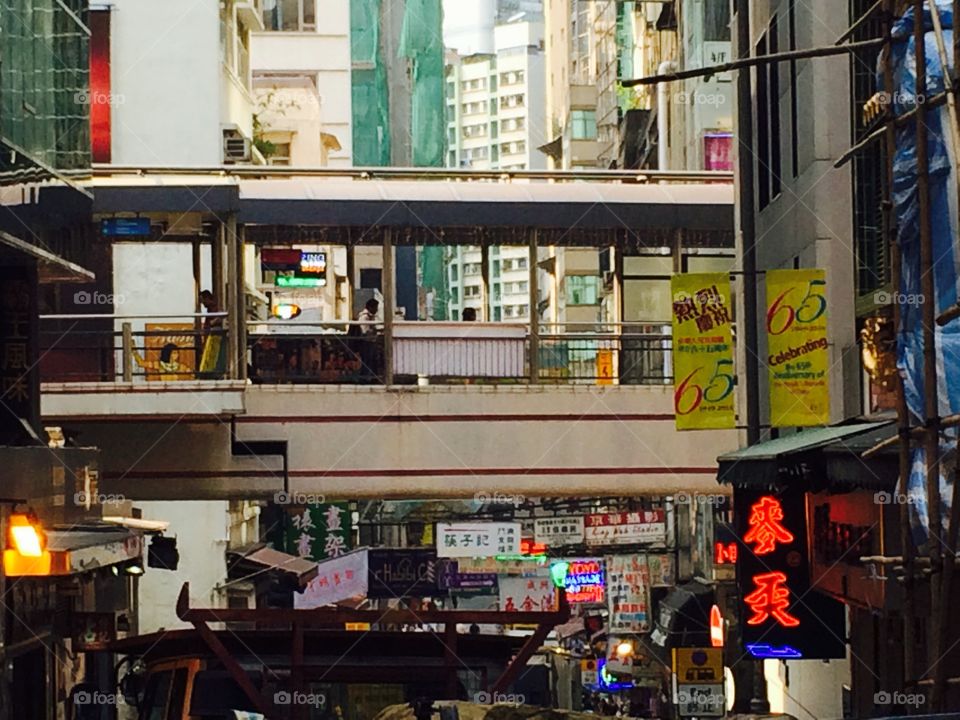 Hong Kong scene . Elevated typical view of Hong Kong lifestyle on the streets