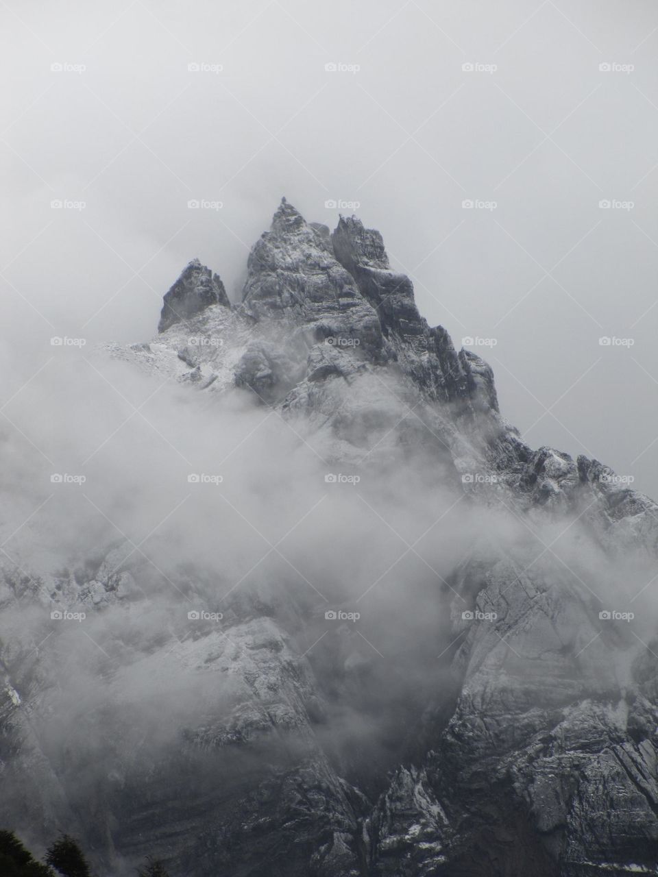 snowy mountain covered in mist. Winter.
